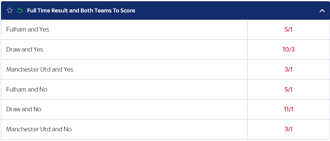 Sky Bet offers odds of 3/1 for Manchester United to win with both teams scoring in the game.