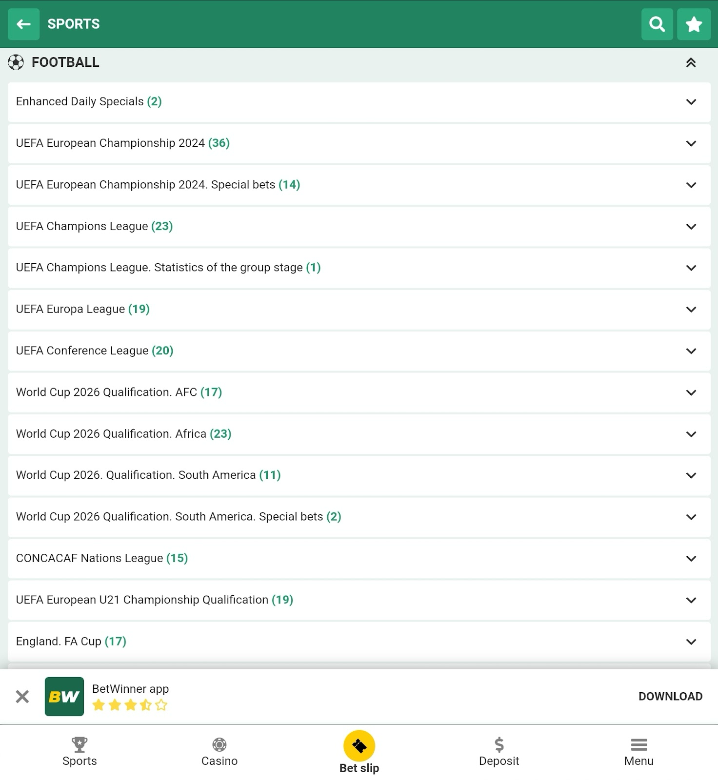 BetWinner Football Page on Mobile