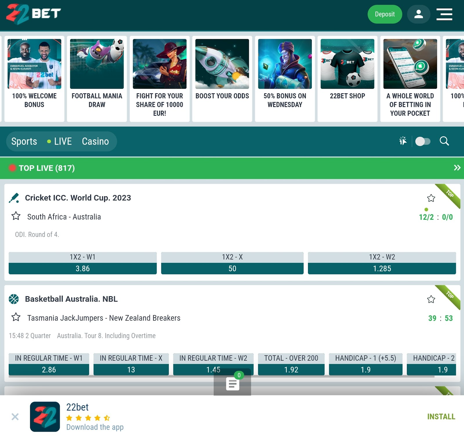 22Bet Homepage on Mobile