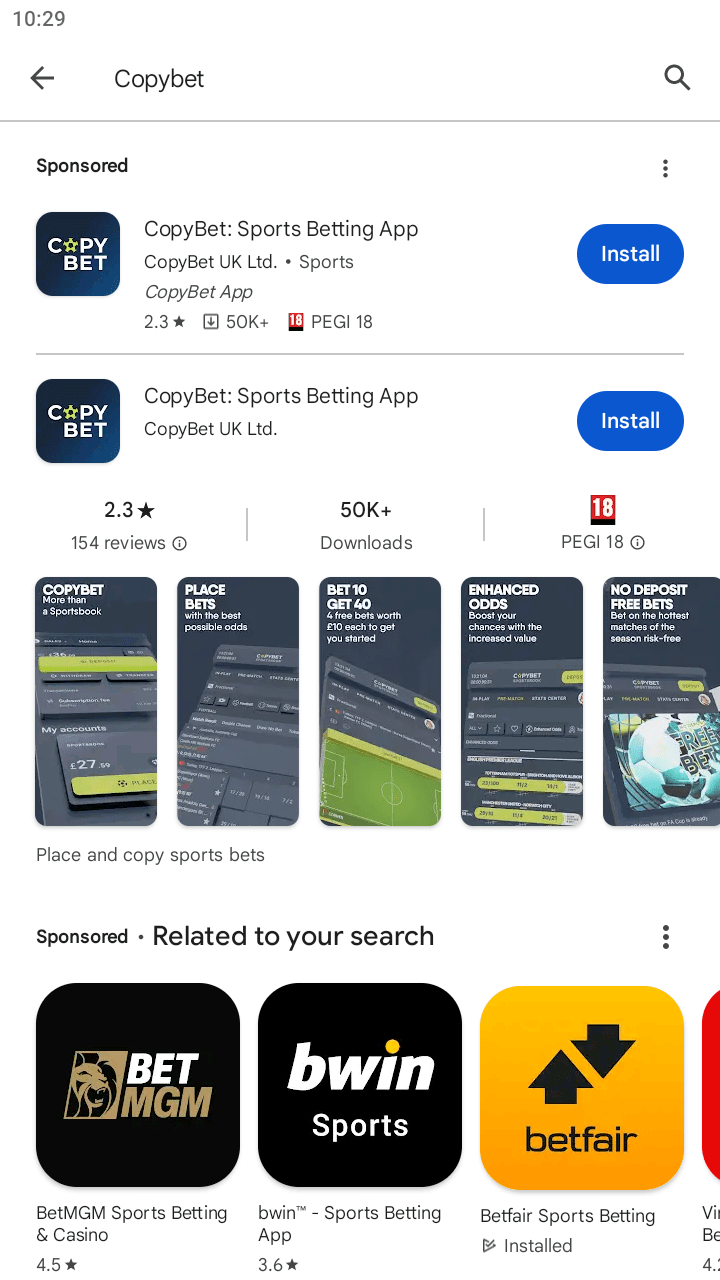 Search bar with the result for CopyBet