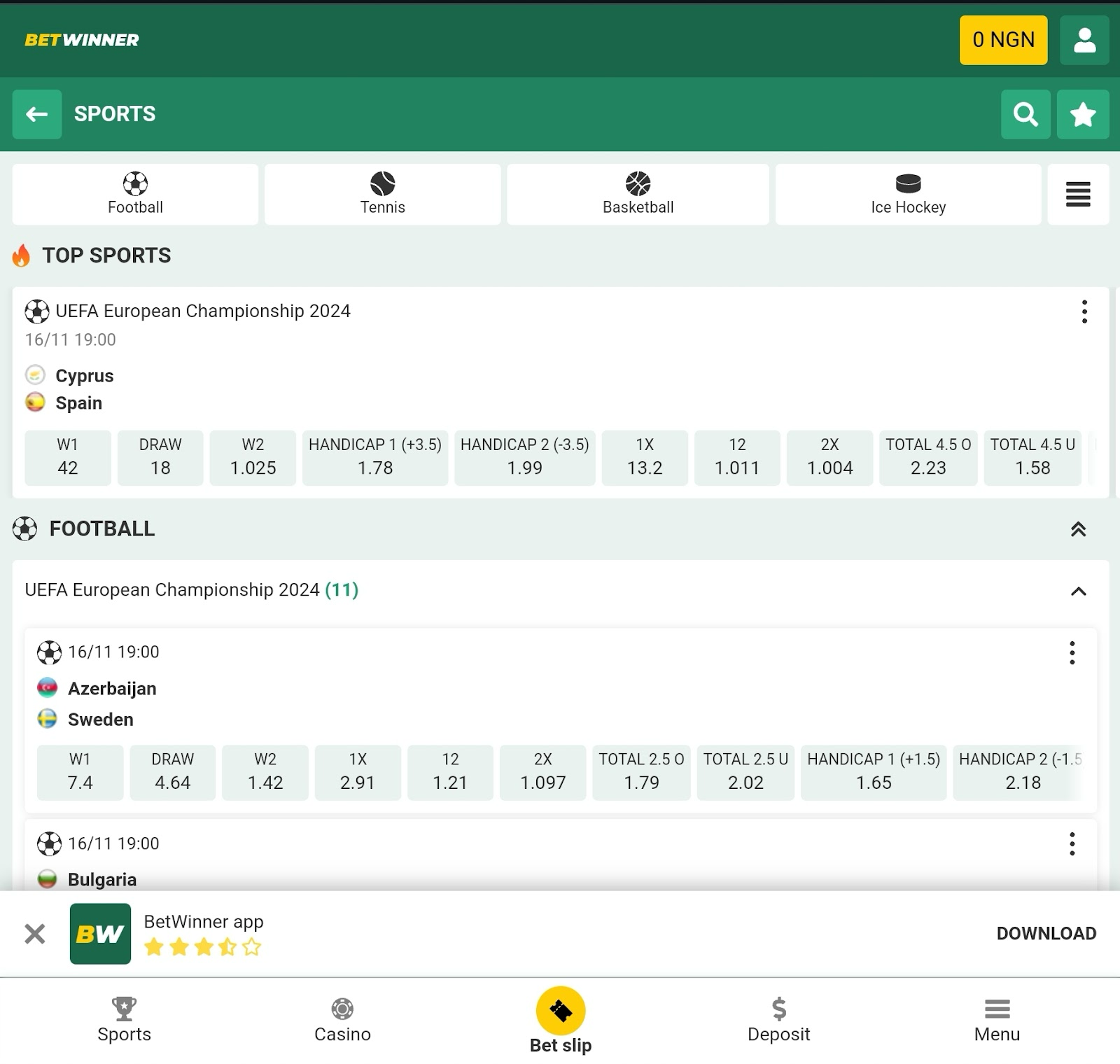 BetWinner Sports Page on Mobile